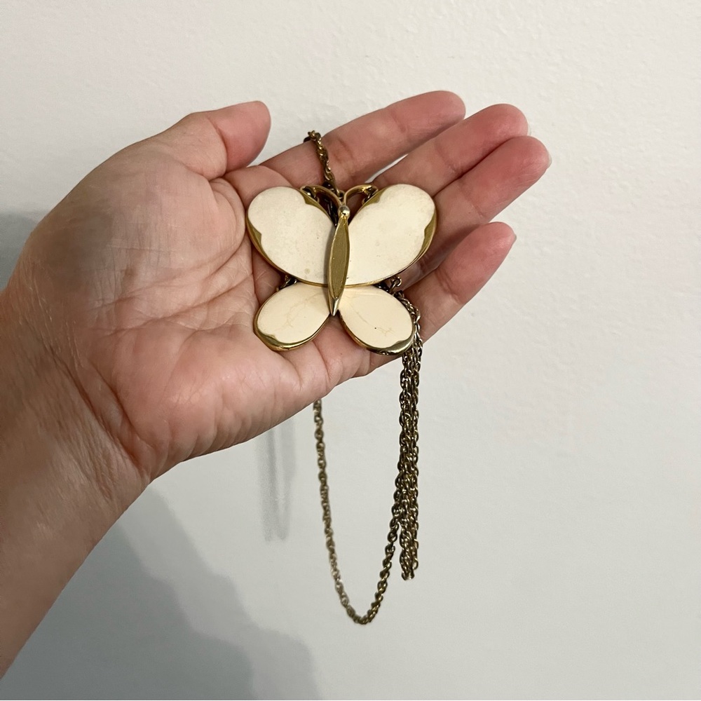 Midcentury ART Stamped Butterfly Medallion Long Necklace Costume Jewelry White